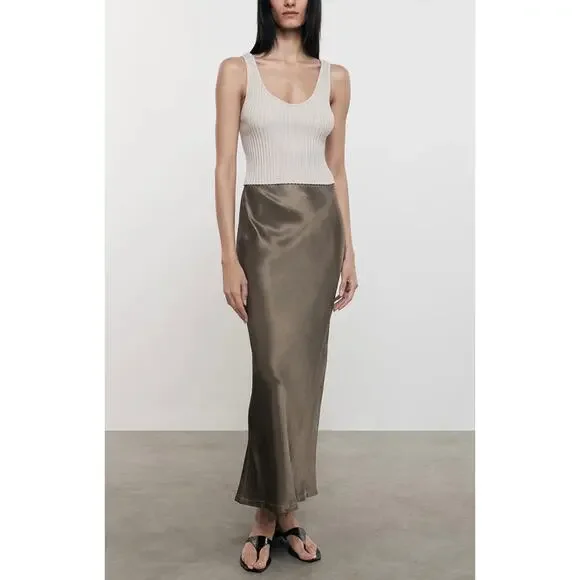 ENZA COSTA Satin Bias Cut Skirt Womens Small 1 Shiitake Brown Midi Pull on Slip - Picture 2 of 16